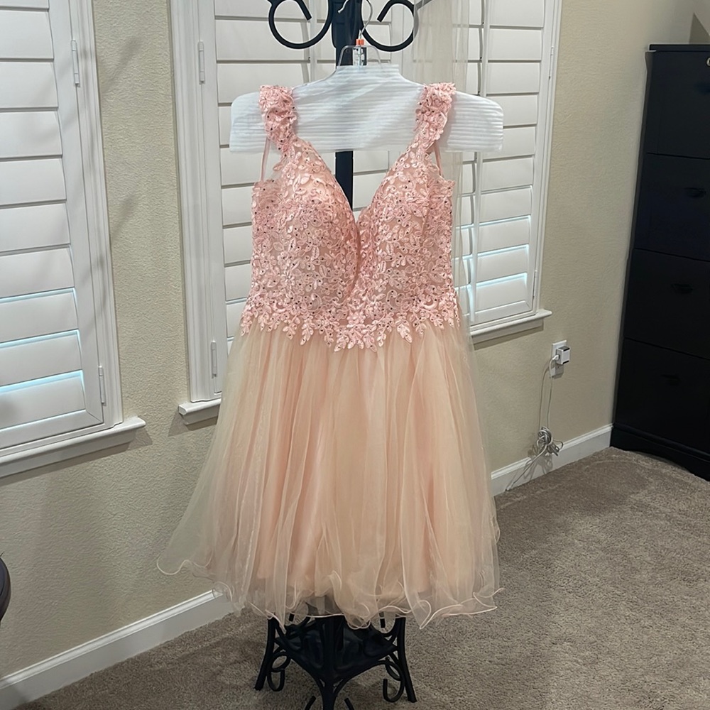 Off the shoulder pink/champagne prom dress